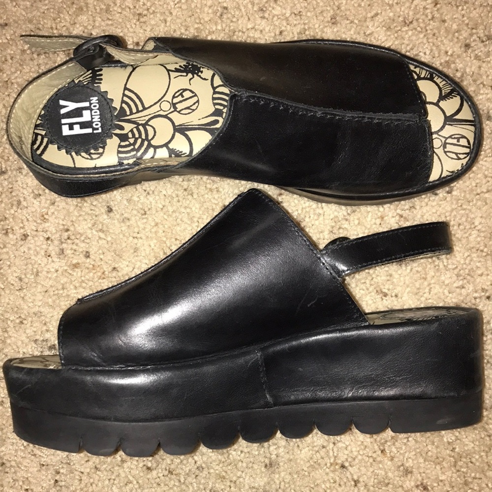 FLY London Black Leather Platform Sandals Size 8